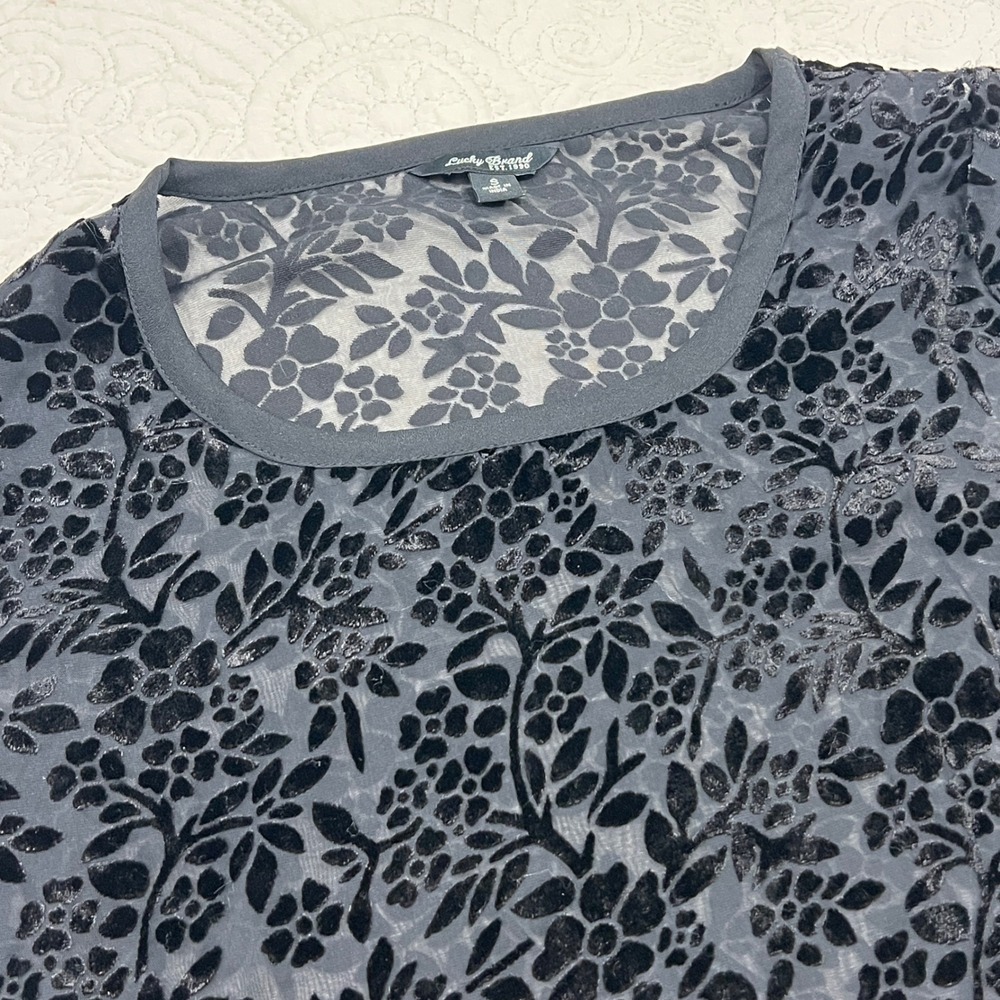 Lucky Brand Womens Black Burnout Velvet Floral Sheer Mesh Scoop Neck Top Small